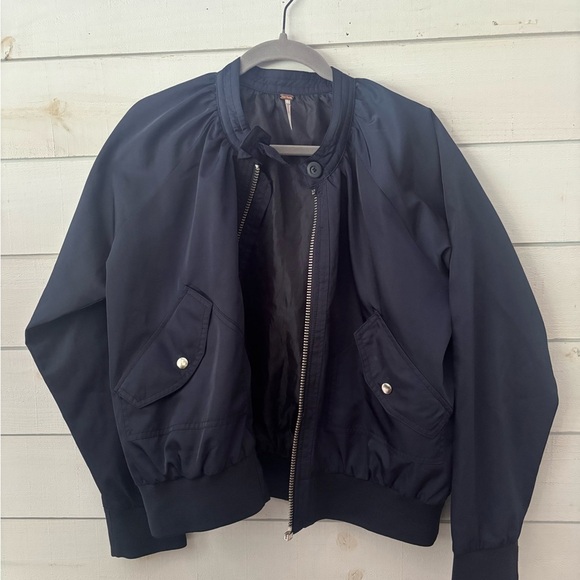 Free People Navy Bomber Jacket with Ribbed Collar and Relaxed Fit - Picture 6 of 12